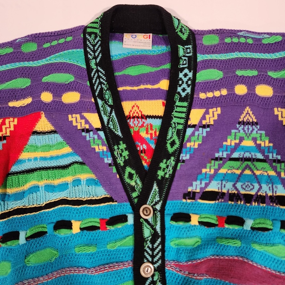 Vintage COOGI Cardigan Sweater Mens Small Mercerized Cotton Geometric Cosby 90s